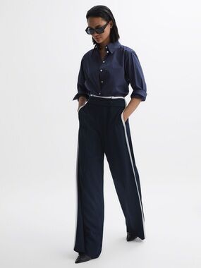 Reiss Navy Wide-Leg Stripe Trousers - Size 14 - Excellent Condition
